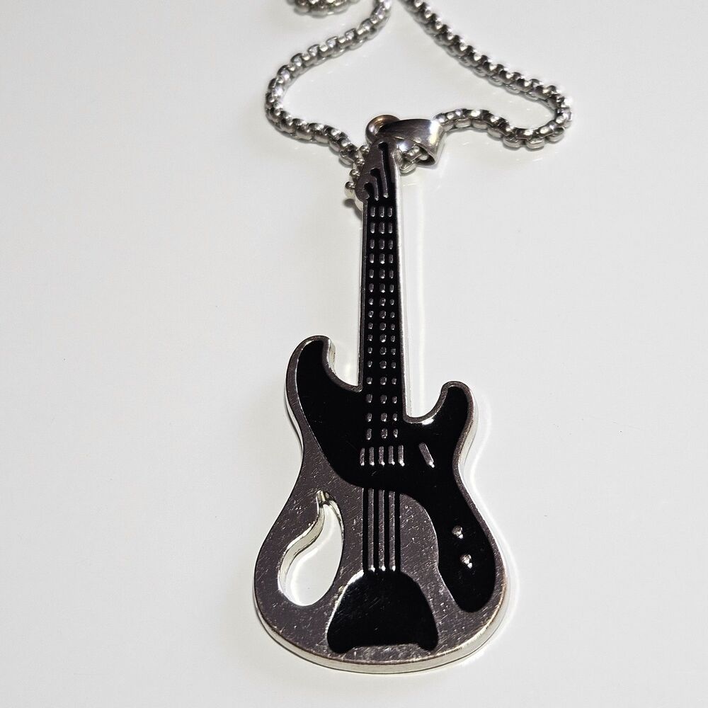 Men's Silver Tone Black Enamel Guitar Pendant Necklace Fashion Jewelry 27"